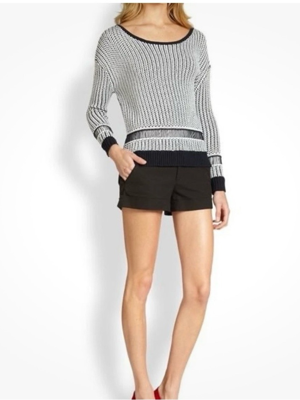 Alice + Olivia Dane Drop Shoulder Two-Tone Knit Sweater Tunic Navy White